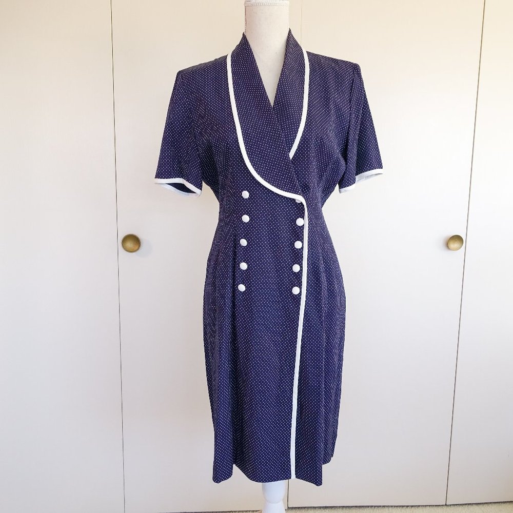 Vintage Studio I 60's Style Short Sleeve Navy White Polka Dot Work Office Dress - Picture 1 of 8